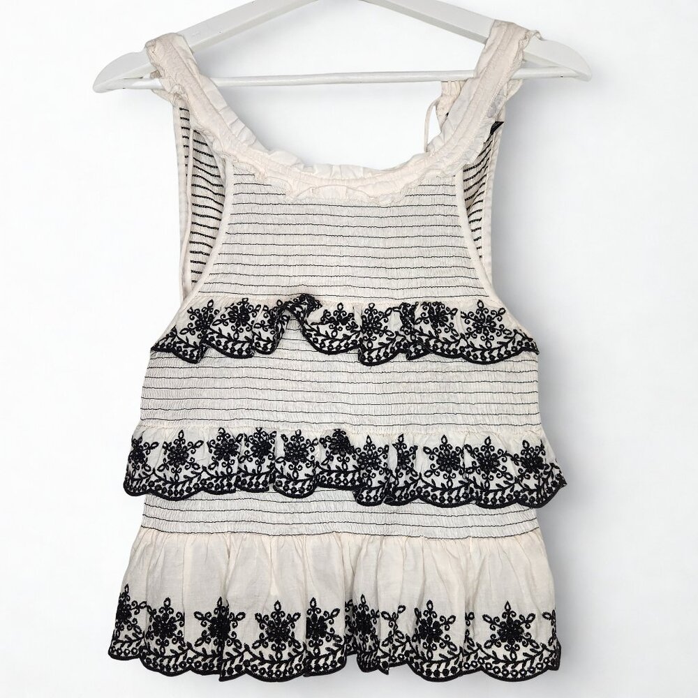 French Connection Smocked Ruffle Embroidered Tank Top Size 0 Cream Black Boho